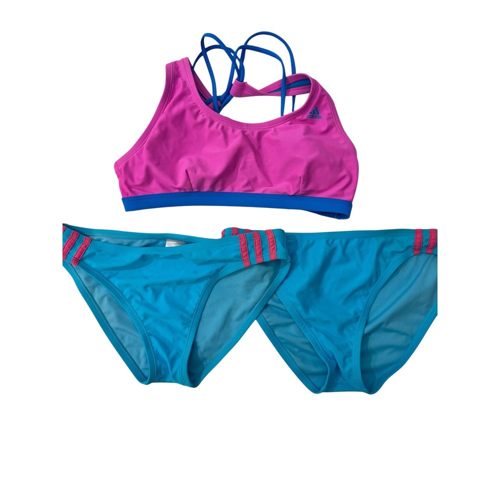 Adidas Womens Bikini Set Pink Blue Racerback Top 2 Pairs Bottoms Size M S